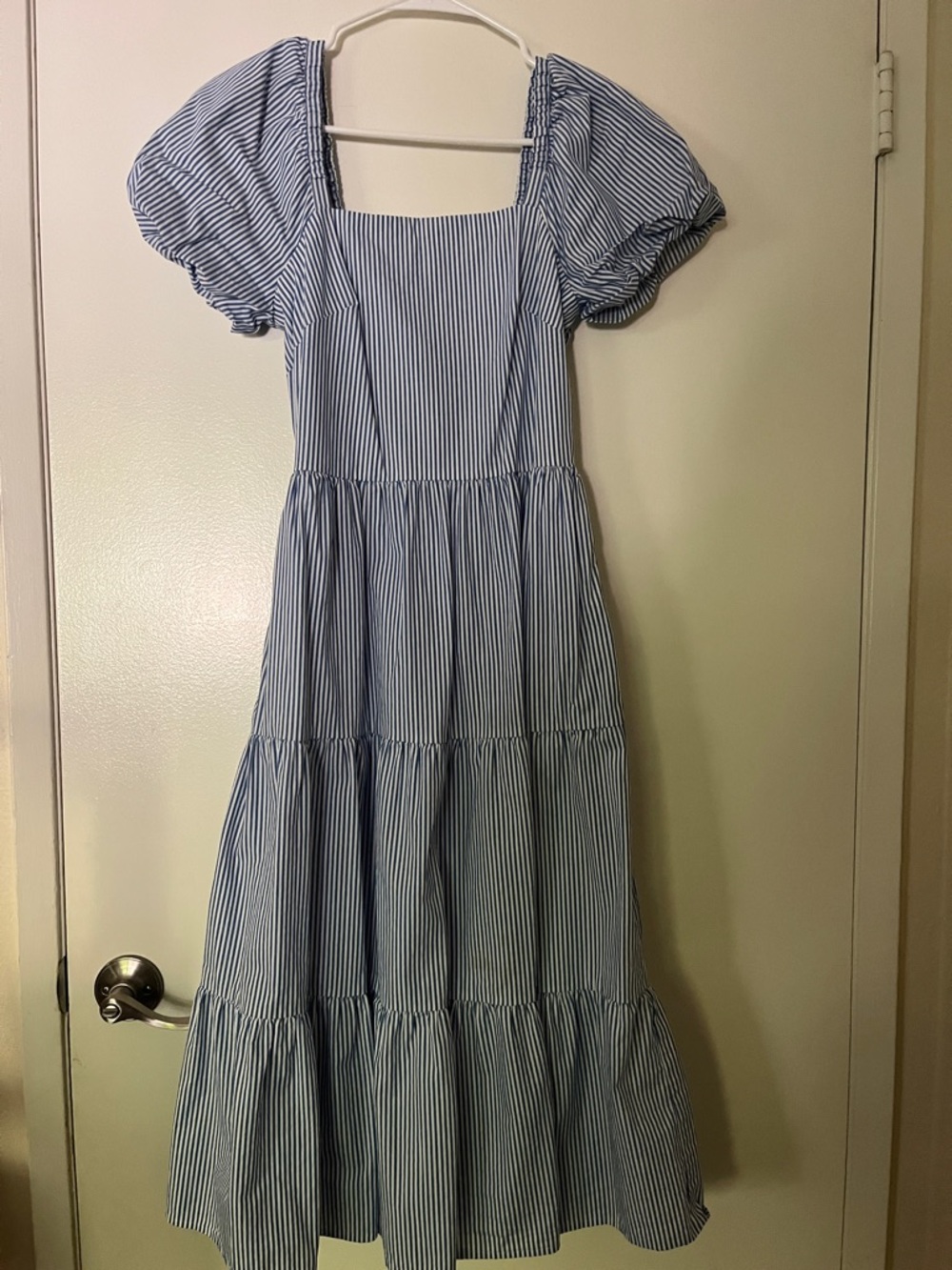 J. Crew Blue & White Striped Puff-Sleeve Midi Dress